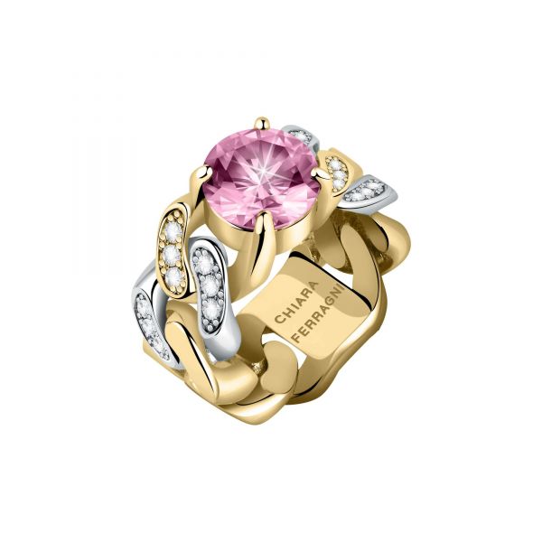 CHIARA FERRAGNI CHAIN RING YELLOW GOLD+SILVER+WHITE/PINK CZ