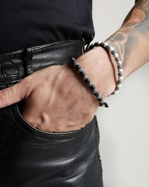 NOVE25 BRACCIALE BLACK SOUL IN CORDA CON PIETRE E PERLE PUNTINATE IN ARGENTO