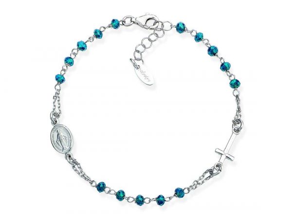 AMEN  Bracciale Rosario in AG925 e cristalli blu pastello  (Lungh. 18+2cm - Grani Ø 3mm)