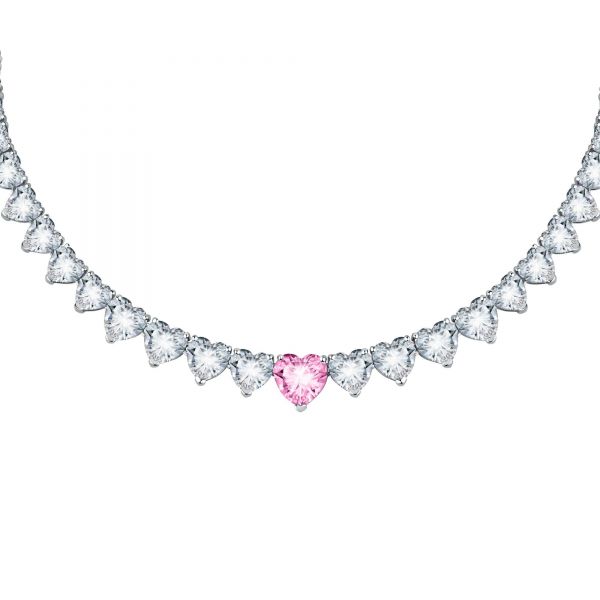 CHIARA FERRAGNI DIAMOND HEART NECKLACE SILVER+WHITE/PINK CZ 40CM+1.5H-LINK