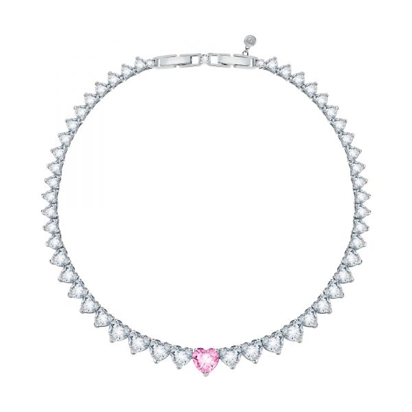 CHIARA FERRAGNI DIAMOND HEART NECKLACE SILVER+WHITE/PINK CZ 40CM+1.5H-LINK