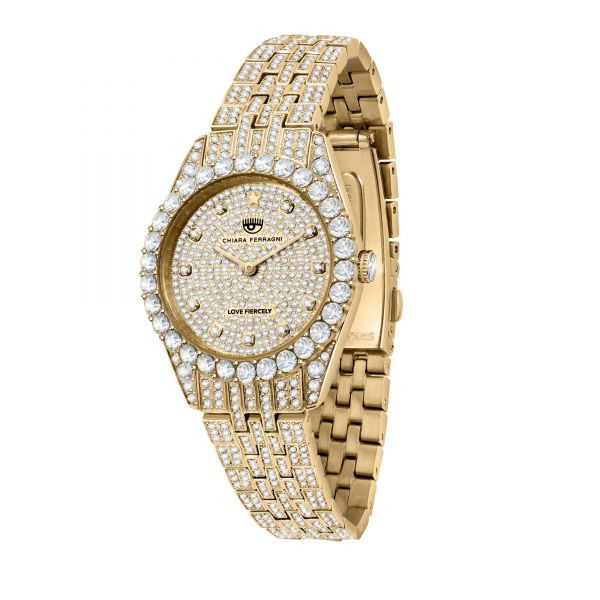 CHIARA FERRAGNI EVERYDAY 32MM 2H YELLOW GOLD CRYSTALS PAVÈ DIAL BRACELET YELLOW GOLD