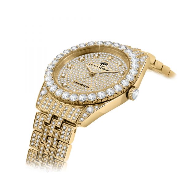 CHIARA FERRAGNI EVERYDAY 32MM 2H YELLOW GOLD CRYSTALS PAVÈ DIAL BRACELET YELLOW GOLD