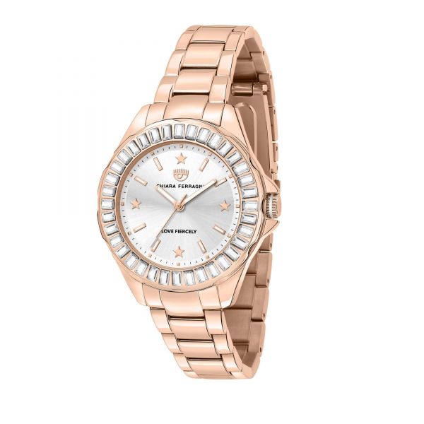 CHIARA FERRAGNI SPORT BAGUETTE 36MM 3H SILVER DIAL BRACELET ROSE GOLD