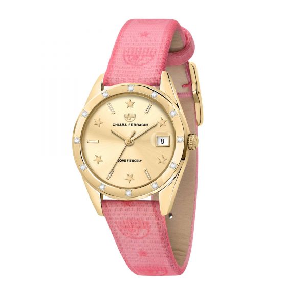 CHIARA FERRAGNI EVERYDAY 32MM 3H YELLOW GOLD DIAL PINK STRAP