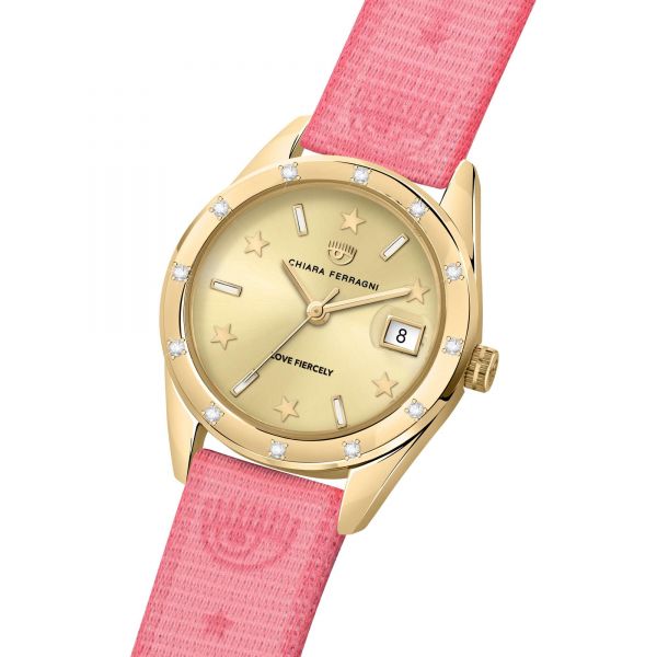 CHIARA FERRAGNI EVERYDAY 32MM 3H YELLOW GOLD DIAL PINK STRAP