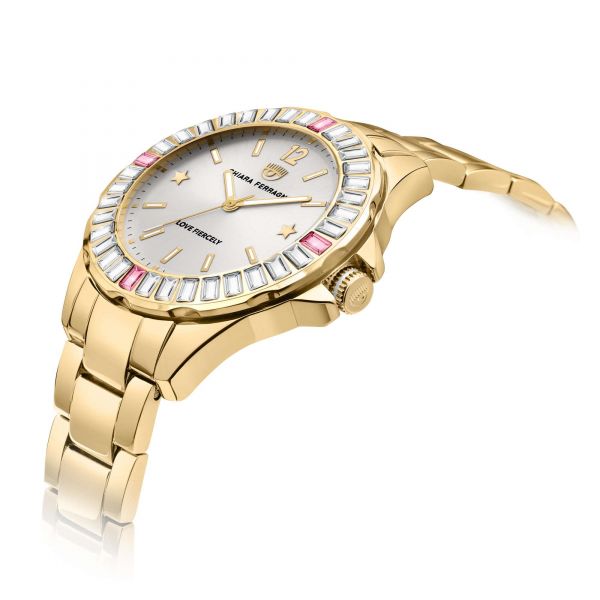 CHIARA FERRAGNI SPORT BAGUETTE 36MM 3H SILVER DIAL BRACELET YELLOW GOLD