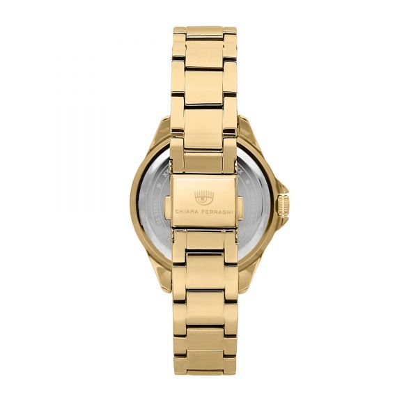 CHIARA FERRAGNI SPORT BAGUETTE 36MM 3H SILVER DIAL BRACELET YELLOW GOLD