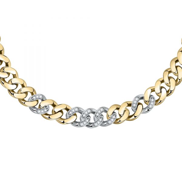 CHIARA FERRAGNI CHAIN NECKLACE YELLOW GOLD+SILVER/PAVE WHITE CZ 38+7CM