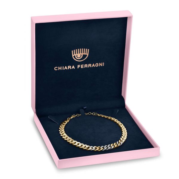 CHIARA FERRAGNI CHAIN NECKLACE YELLOW GOLD+SILVER/PAVE WHITE CZ 38+7CM