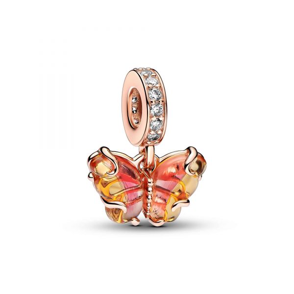 PANDORA Pendente Farfalla Vetro di Murano Arancione e Rosa