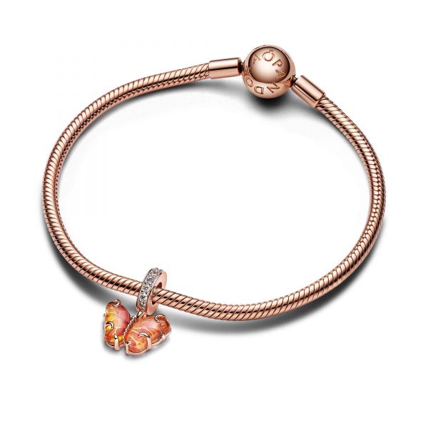 PANDORA Pendente Farfalla Vetro di Murano Arancione e Rosa