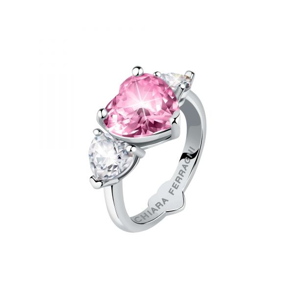 CHIARA FERRAGNI DIAMOND HEART RING SILVER+WHITE/PINK CZ 